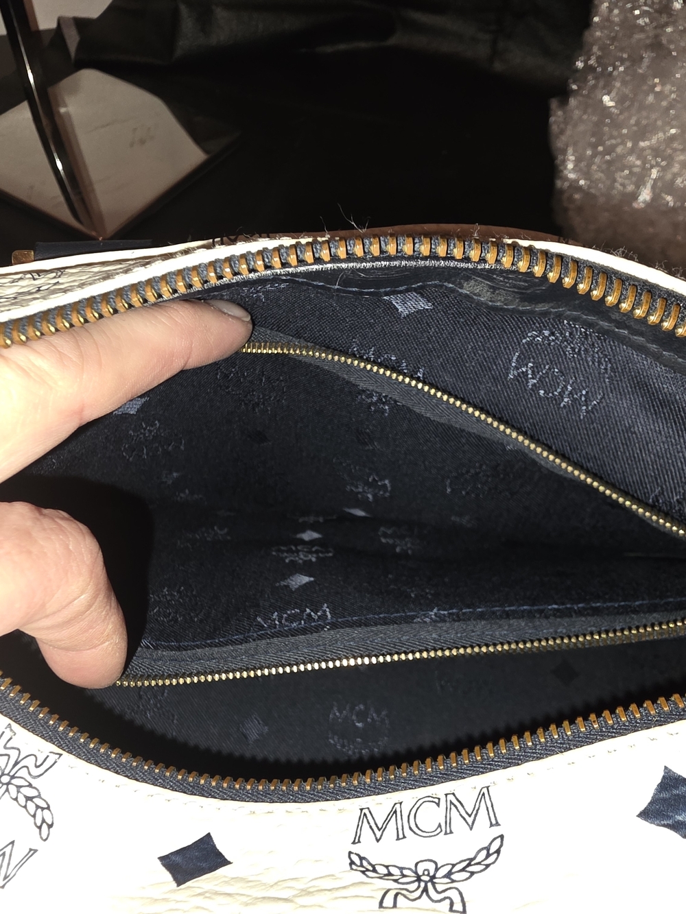 MCM White & Blue Visetos Boston Bag with Gold Hardware - Picture 16 of 16